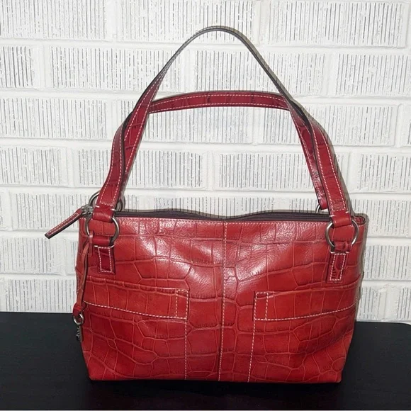🆕FOSSIL Red Crocodile-Embossed Leather Handbag